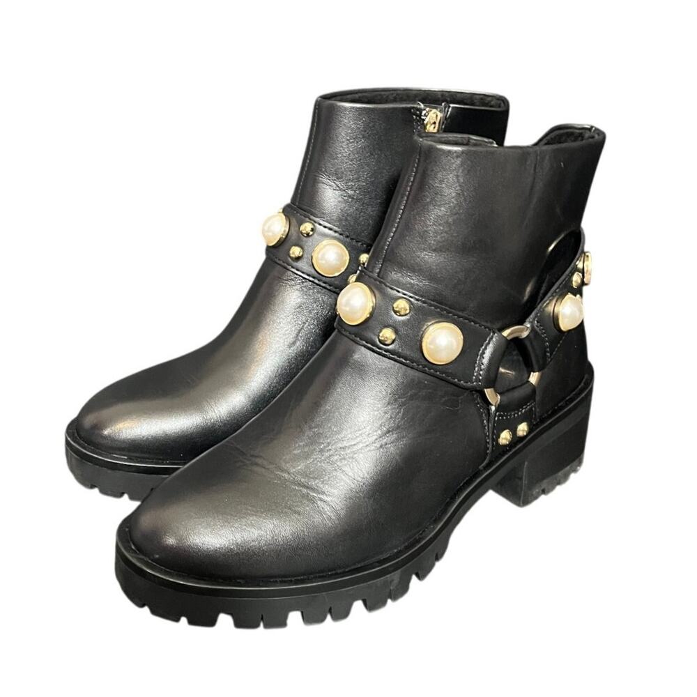 Karl Lagerfeld Paris‎ Pixie Embellished Moto Booties Black Leather Womens 6.5